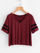 Romwe Crisscross Neck Striped Sleeve Tee