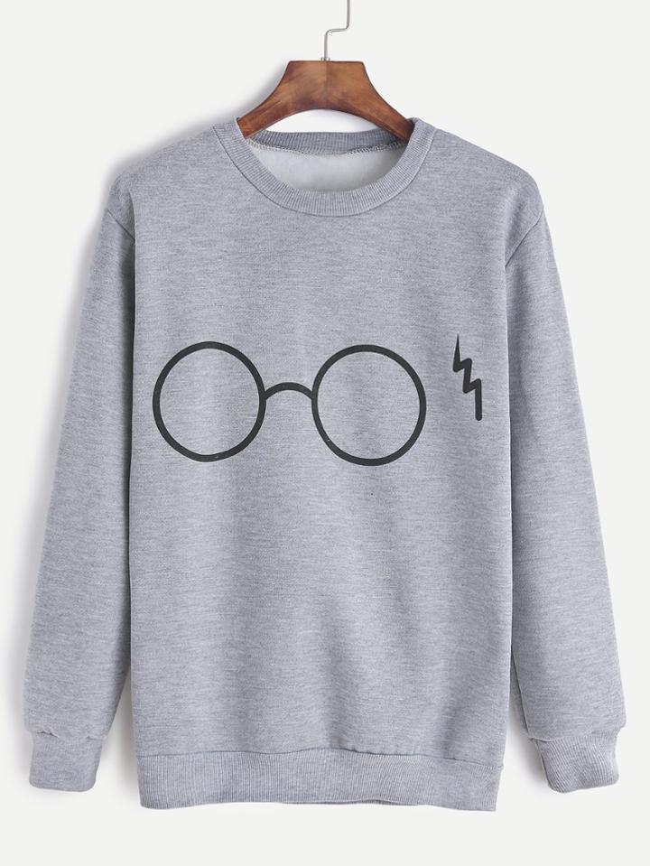 Romwe Grey Glasses Print Sweatshirt
