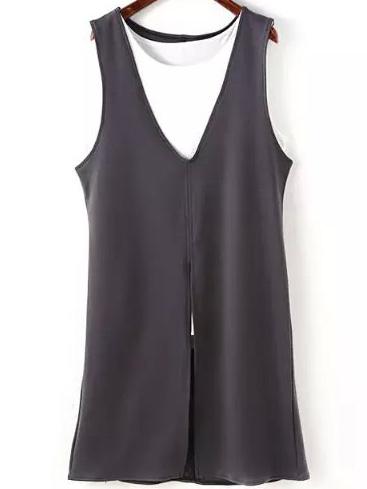 Romwe V Neck Split Grey Dress