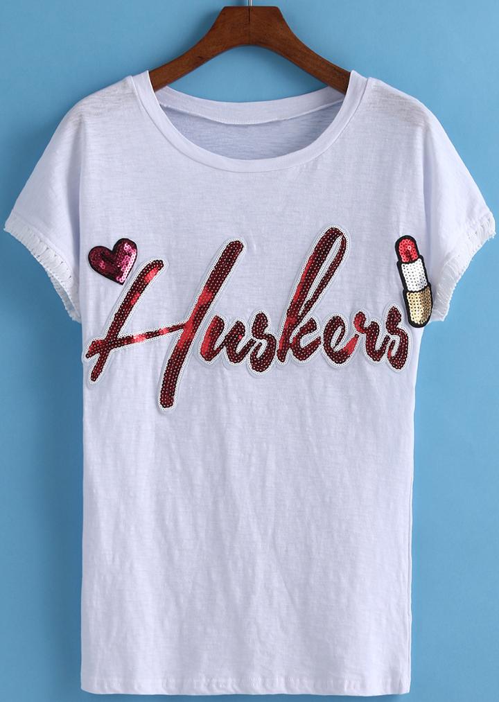 Romwe With Sequined Lipstick Pattern T-shirt