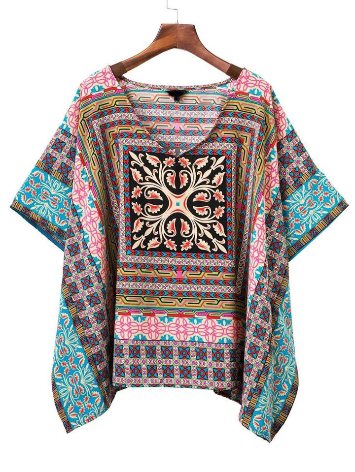 Romwe Multicolor Tribal Print V Neck Poncho Blouse
