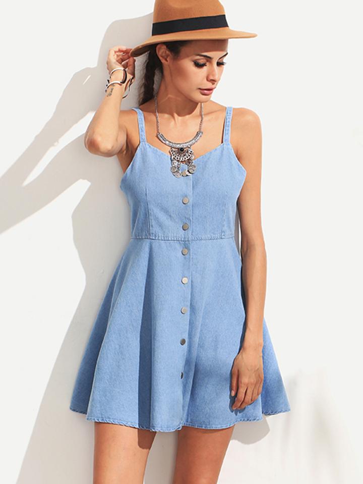 Romwe Blue Spaghetti Strap Single Breasted A-line Denim Dress