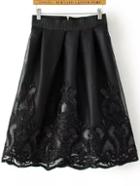 Romwe Zipper Embroidered A-line Black Skirt