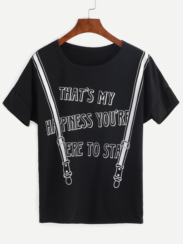 Romwe Black Strap Letters Print Banded Sleeve T-shirt