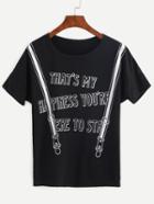 Romwe Black Strap Letters Print Banded Sleeve T-shirt