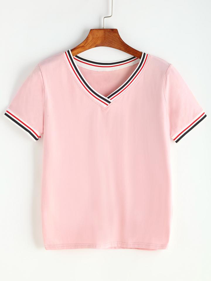 Romwe Pinstripe Trim V-cut T-shirt