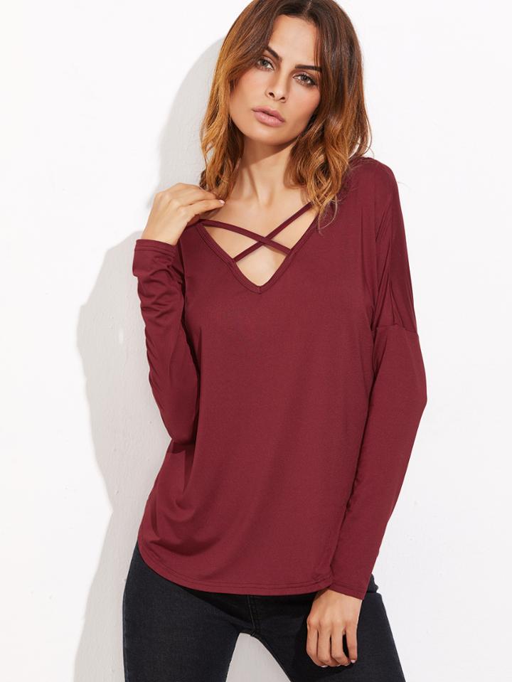 Romwe Burgundy Crisscross V Neck Curved Hem T-shirt