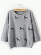 Romwe Women Horse Embroidered Grey Sweater