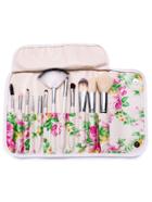 Romwe 12pcs White Professional Makeup Brush Set With Floral Print Bag
