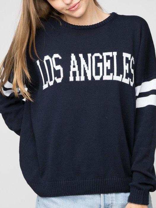 Romwe Round Neck Los Angeles Print Loose Navy Sweater