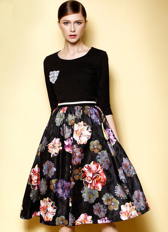 Romwe Black Round Neck Bead Floral Dress