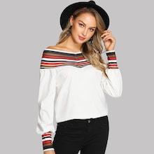 Romwe Striped Panel Off The Shoulder Blouse