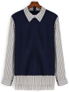 Romwe Lapel Contrast Striped Dip Hem Blouse