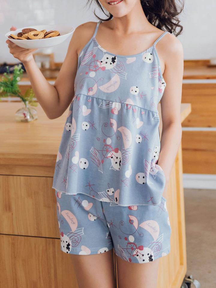 Romwe Cartoon Print Cami Top & Shorts Pj Set