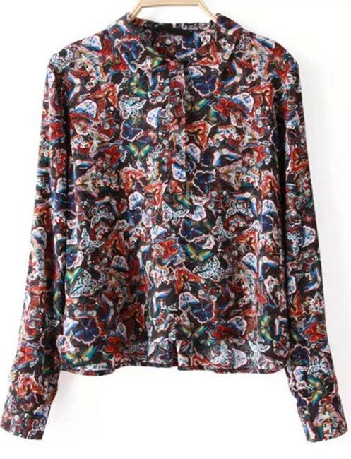 Romwe Butterfly Print Lapel Crop Blouse