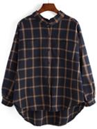 Romwe Plaid High Low Pockets Navy Blouse