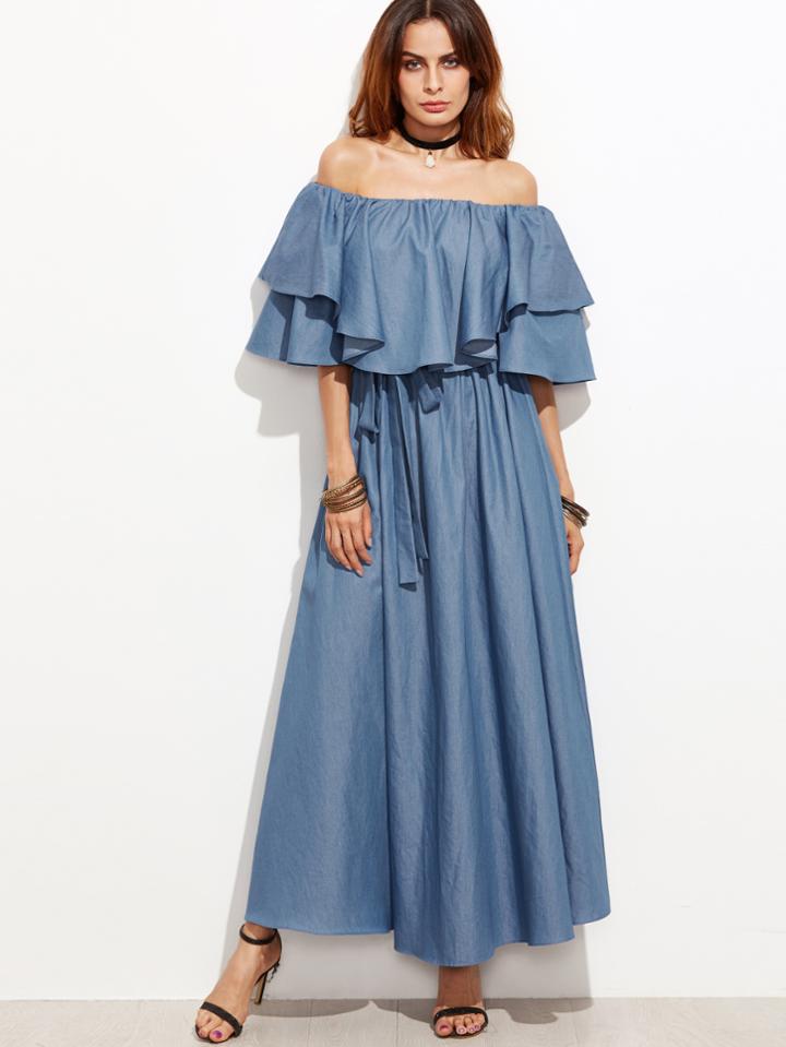 Romwe Flounce Layered Neckline Chambray Dress