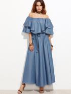 Romwe Flounce Layered Neckline Chambray Dress