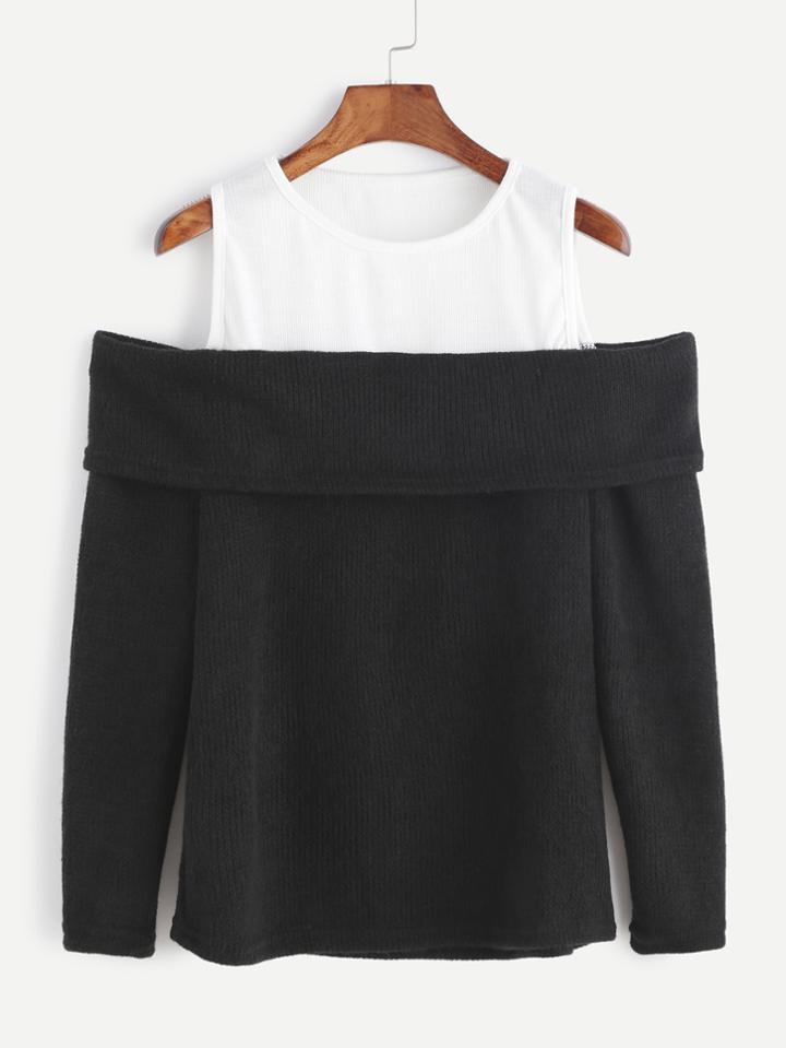 Romwe Black White Contrast Open Shoulder Fold Over T-shirt