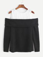 Romwe Black White Contrast Open Shoulder Fold Over T-shirt