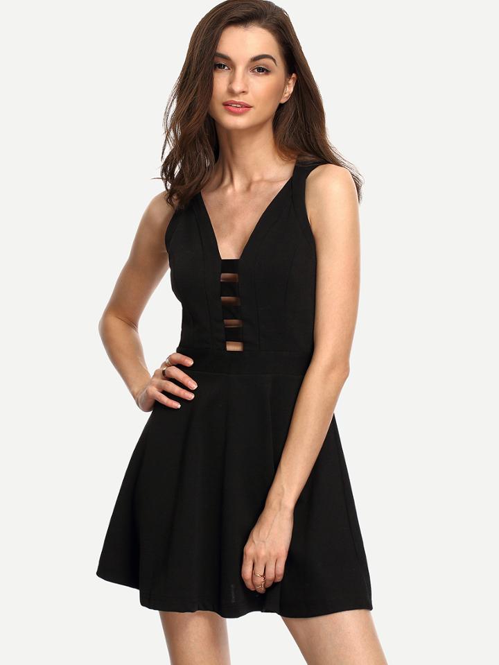 Romwe Black Plunge Neck Caged Skater Dress