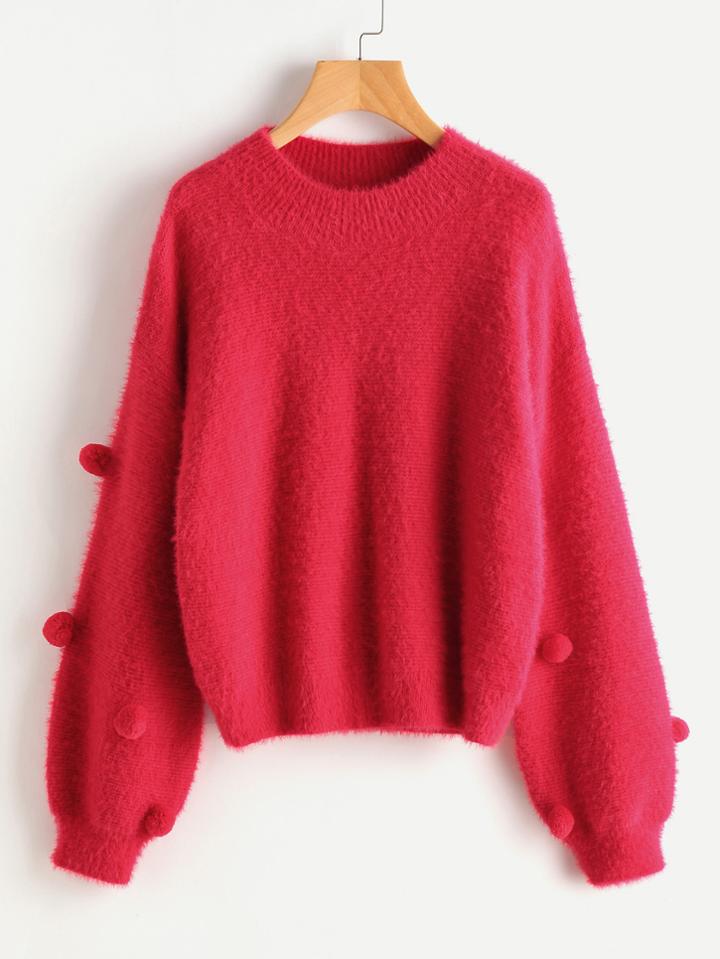 Romwe Pom Pom Detail Bishop Sleeve Fluffy Jumper