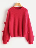 Romwe Pom Pom Detail Bishop Sleeve Fluffy Jumper