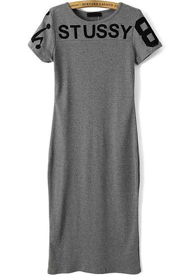 Romwe Grey Short Sleeve Stussy 8 Print Dress