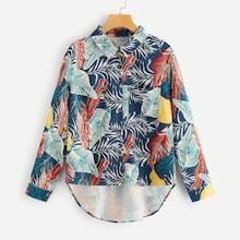 Romwe Plants Print Single Breasted Asymmetrical Hem Blouse
