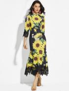 Romwe Sunflower Print Random Lace Hem Maxi Dress