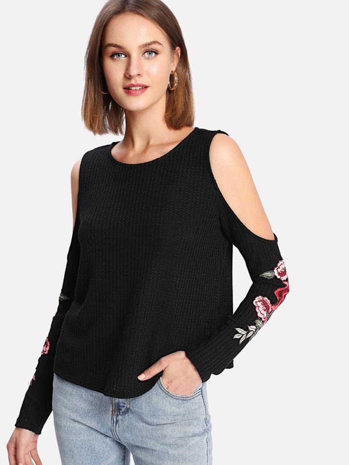 Romwe Flower Applique Open Shoulder Tee
