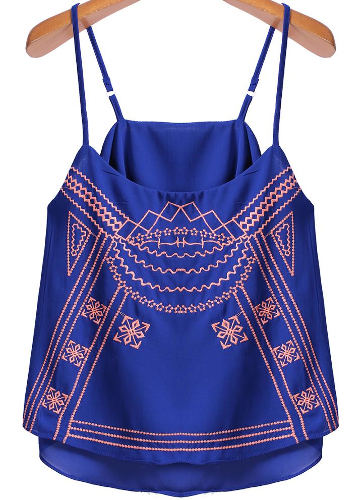 Romwe Spaghetti Strap Embroidered Chiffon Blue Vest