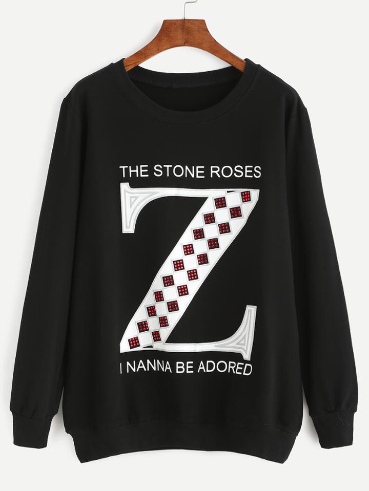 Romwe Black Rhinestone Letter Long Sleeve Sweatshirt