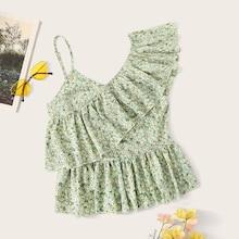 Romwe Asymmetric Neck Flounce Floral Peplum Top