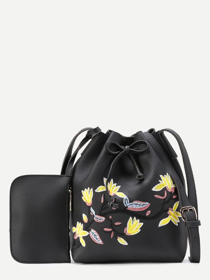 Romwe Flower Embroidery Drawstring Pu Bucket Bag With Purse