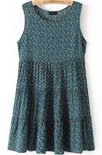 Romwe Sleeveless Daisy Print Green Dress