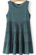 Romwe Sleeveless Daisy Print Green Dress