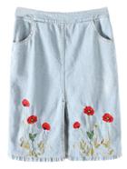 Romwe Light Blue Split Front Flower Embroidery Denim Skirt