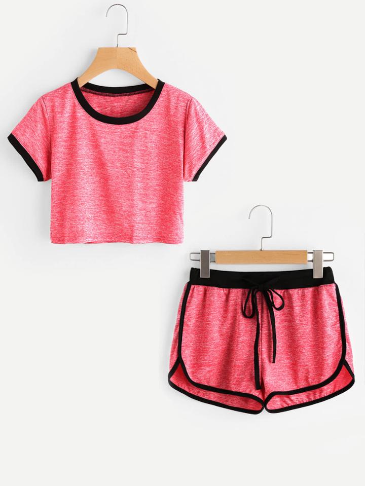 Romwe Slub Ringer Crop Tee With Drawstring Shorts