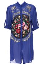Romwe Chinese Embroidery Blue Long-sleeved Shirt