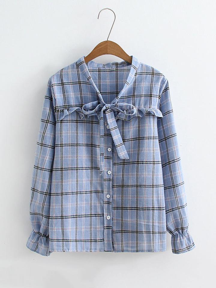 Romwe Ruffle Detail Tie Neck Plaid Blouse