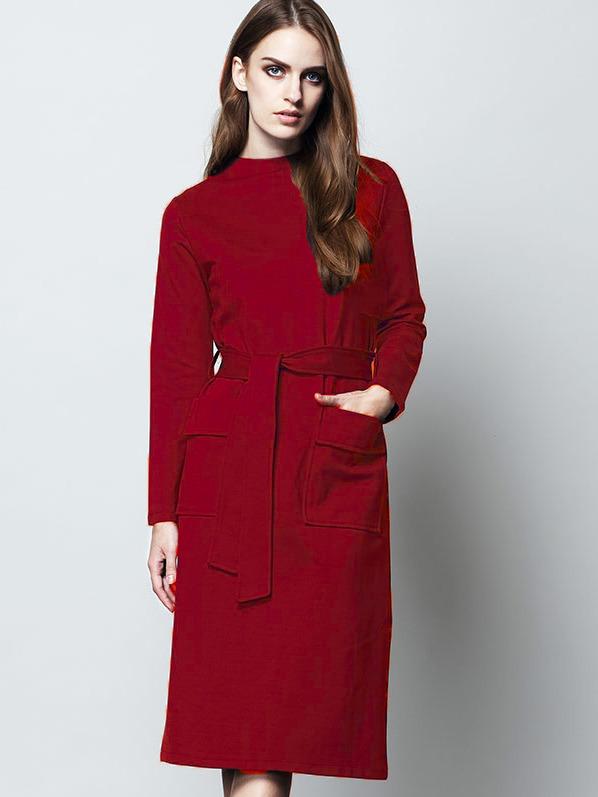 Romwe Wine Red Round Neck Long Sleeve Tie-waist Pockets Dress