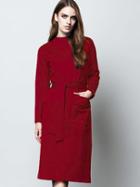 Romwe Wine Red Round Neck Long Sleeve Tie-waist Pockets Dress