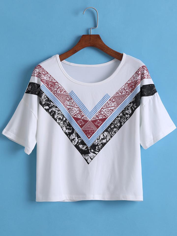 Romwe V-shaped Print Loose T-shirt