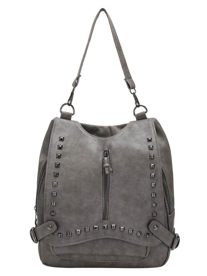Romwe Grey Belt Buckle Studded Pu Backpack