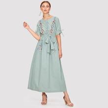 Romwe Flower Embroidered Pocket Front Hijab Long Dress