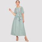 Romwe Flower Embroidered Pocket Front Hijab Long Dress
