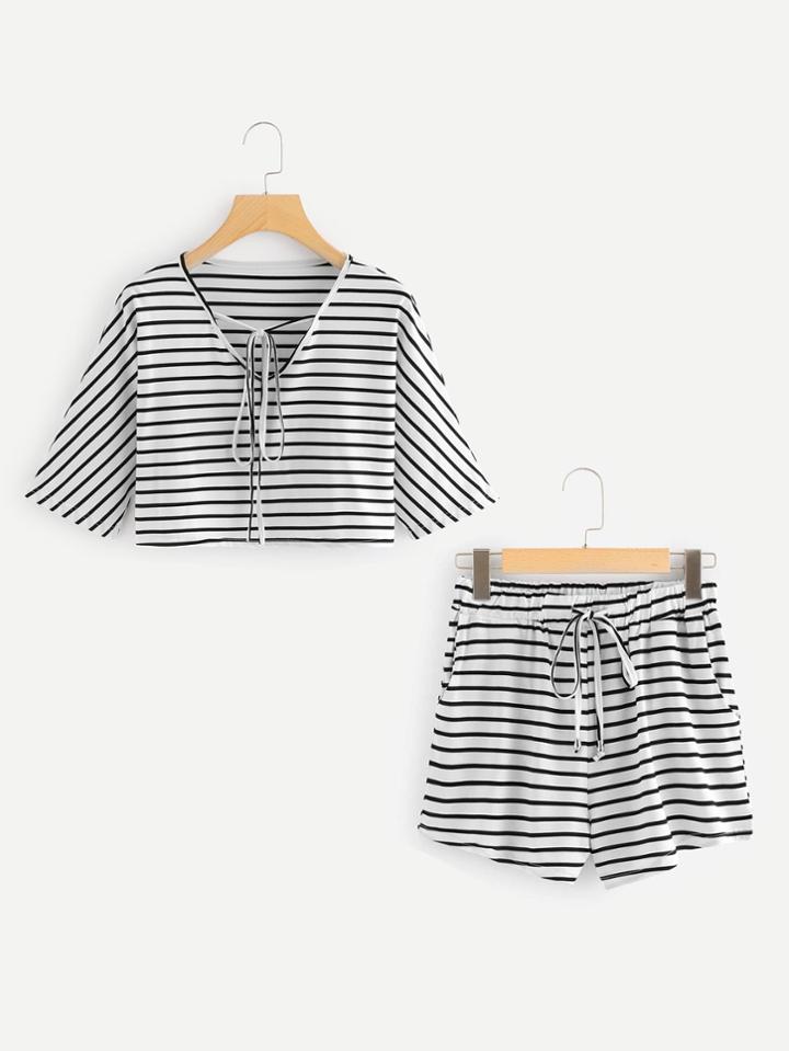 Romwe Tie Neck Striped Top With Shorts