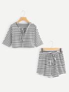 Romwe Tie Neck Striped Top With Shorts