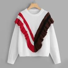 Romwe Plus Ruffle Embellished Striped Sweater